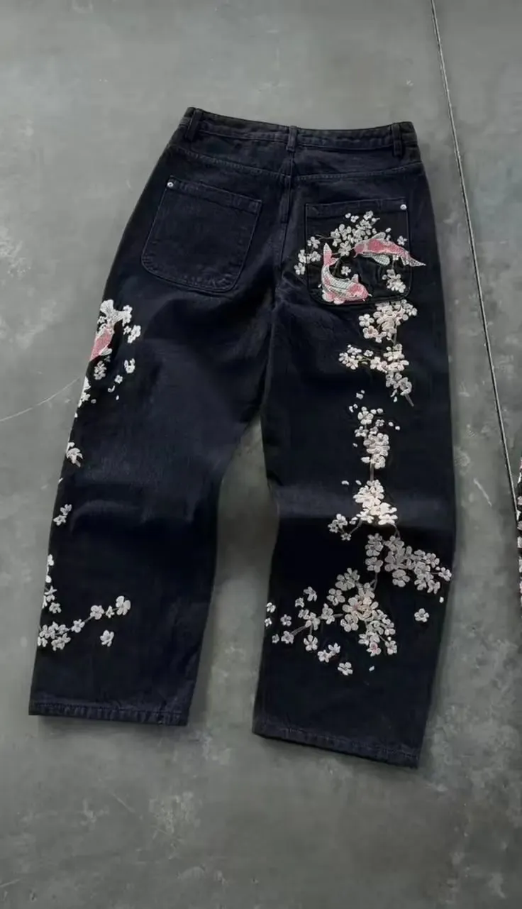 Unisex White Red Tribal Flame Print Loose Wide Leg Jeans Y2K Grunge Streetwear Oversized Denim Pants