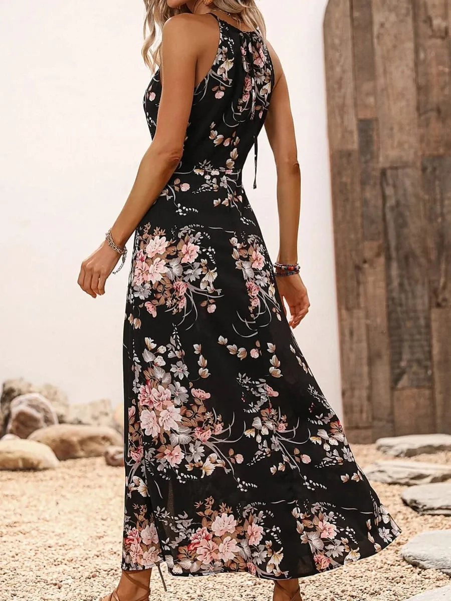 Women's Floral Print High Slit Thigh Halter Dress - Summer Sleeveless Sexy Bodycon Beach Party Clubwear