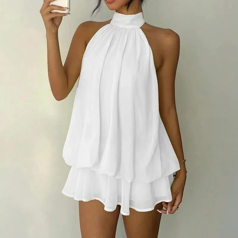 Sexy Women Chiffon Sleeveless Halter Backless Dress Lady Solid Color Tie Waist Slim Flared Dress Summer Beach Vacation Outfit