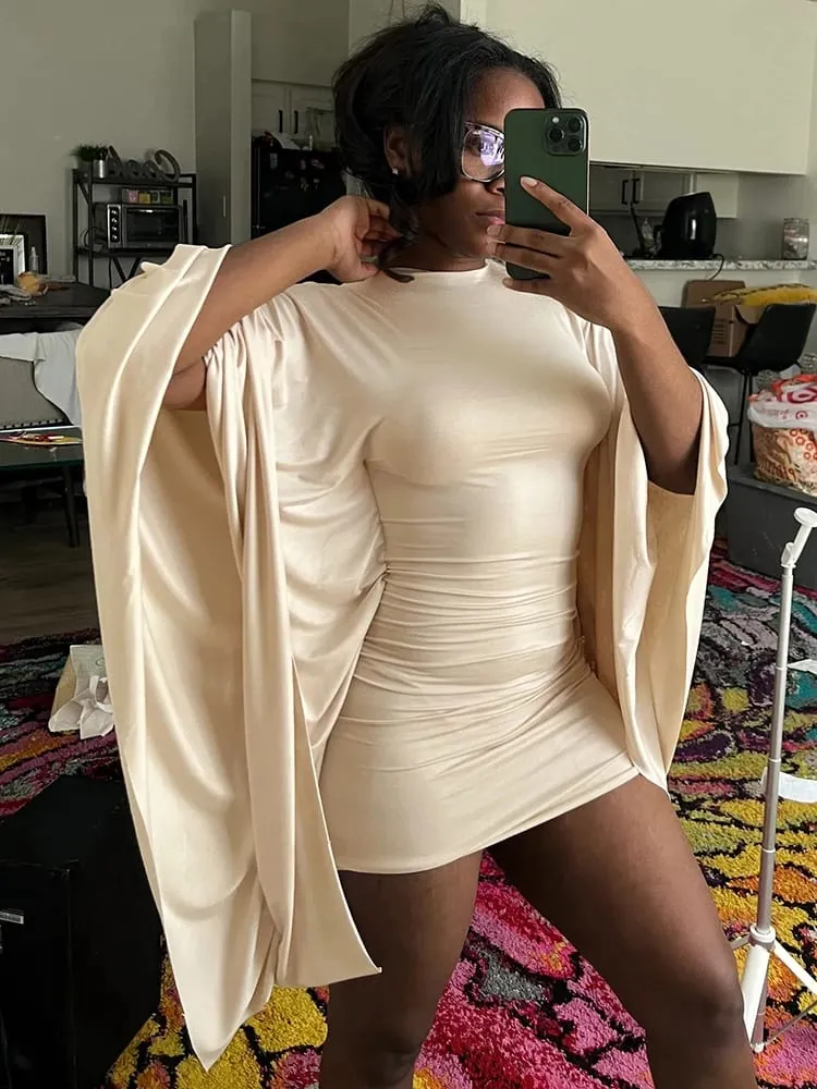 Weird Puss Sexy Bat Sleeve Dress Women Basic Classic Ruched O-Neck Stretch Skinny Coquette Midnight Party Club Peach Hip Bodycon