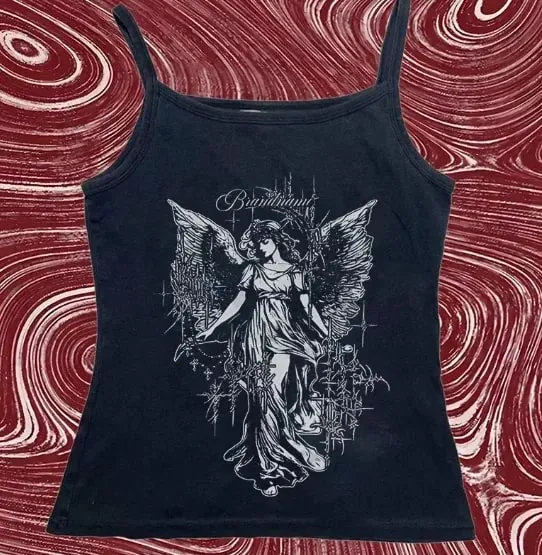 Women Y2K Gothic Spaghetti Strap Cami Tank Top Dark Angel Graphic Print Slim Sleeveless Alt Aesthetic Casual Party Ladies Tops