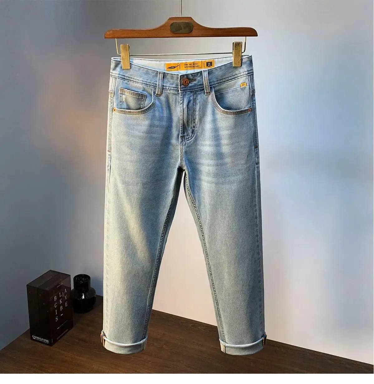 Light blue slim straight jeans for men men's casual denim pants that are thin breathable elastic and versatile for a stylish — image 9