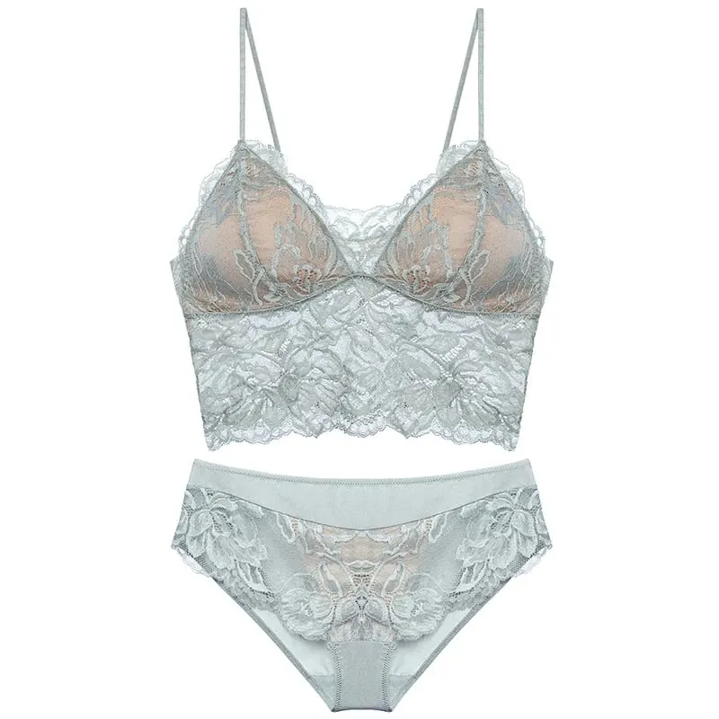 French Backless Bralette Sheer Lace Wireless Halter Top No Underwire Anti Nipple Show Comfort Bra & Tushy Set CA MOYISU Sexy Bra