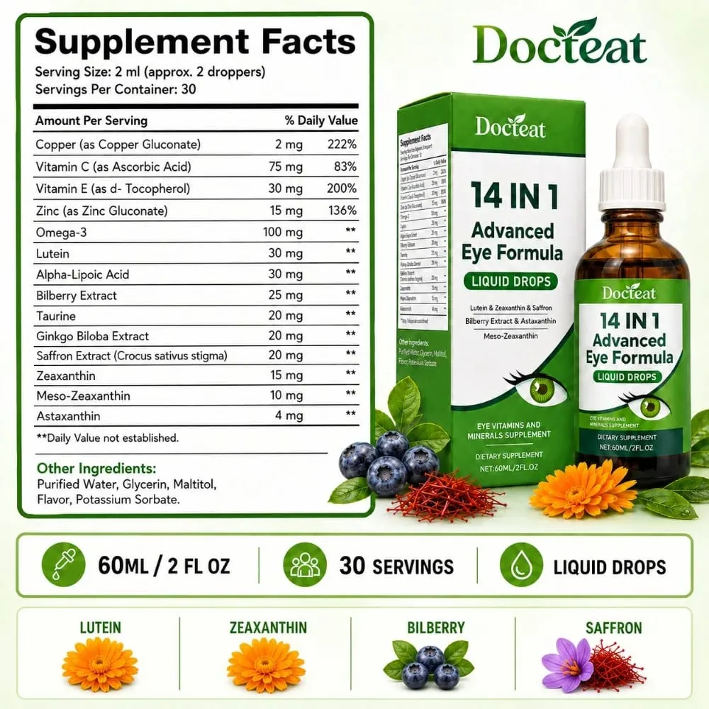 14 in 1 Eye Formula Liquid Drops – Lutein Zeaxanthin Saffron Astaxanthin Advanced Visual Support Antioxidant Blend 60ml