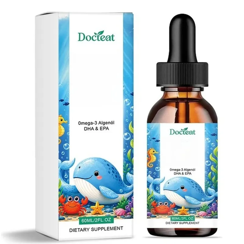 Docteat pflanzliches Omega-3-Algenöl, DHA, EPA, flüssige Tropfen, Gehirngesundheit für Kinder, vegan, gentechnikfrei, tägliche Ernährung, Orange, 60 Portionen