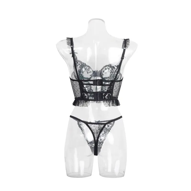 Sexy Bra Brief Set Ruffles Dot Lingerie Embroidery Flowers Solid Panties Underwear Lace Two Back Closure Intimate Exotic Sets