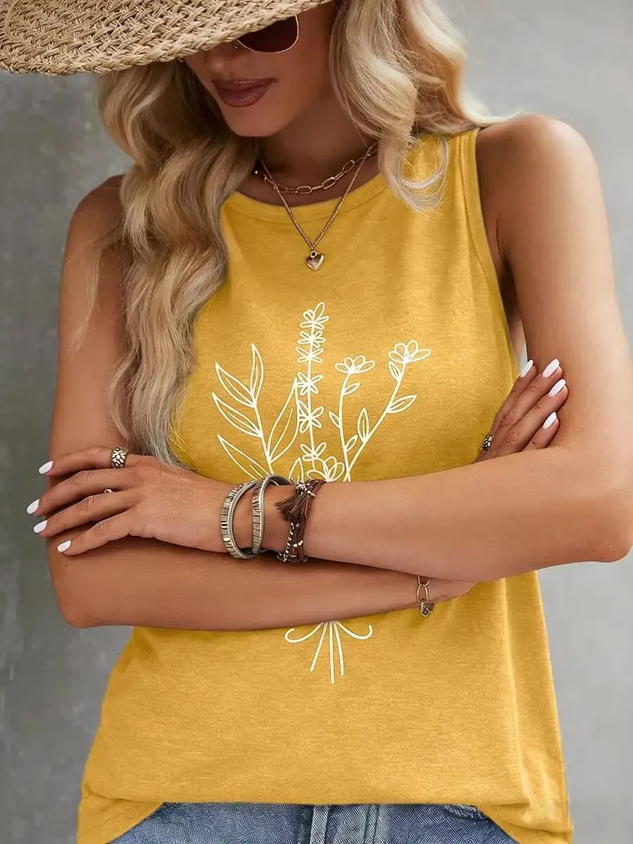 Casual Yellow Floral Print Round Neck Tank Top Loose Fit Sleeveless Blouse For Daily Vacation Beach Summer Outfits — image 5