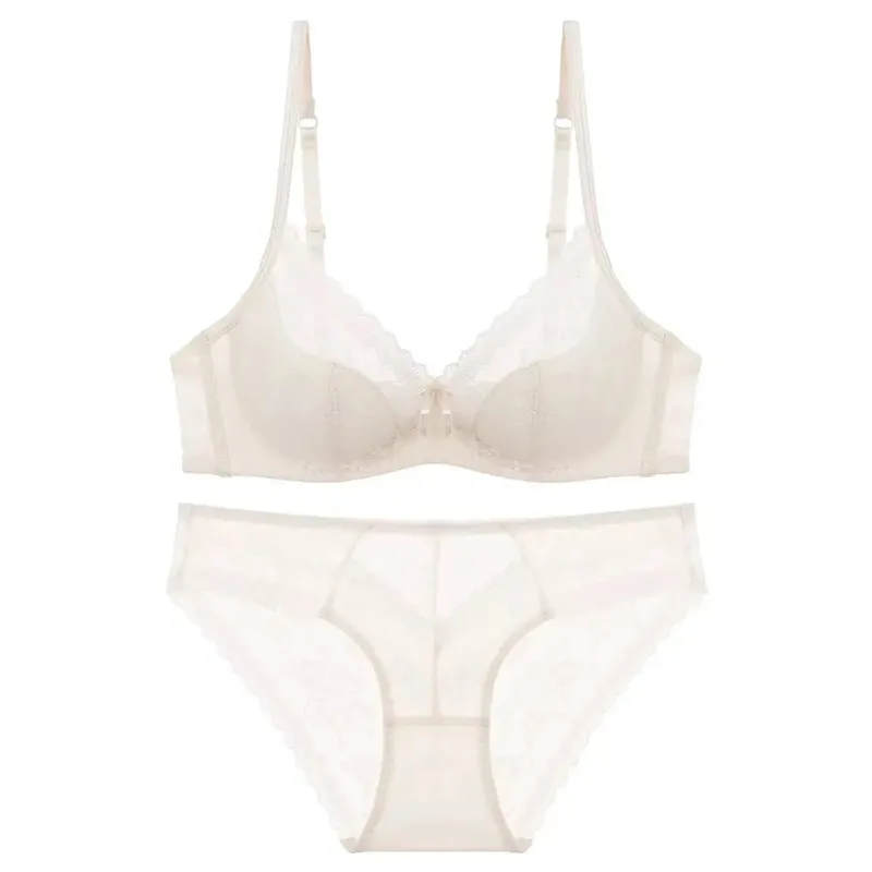 Thin Lace Lingerie Set for Summer Small Chest Gathering Soft Steel Ring Support Anti Sagging Bra Underwear Two-Piece Set