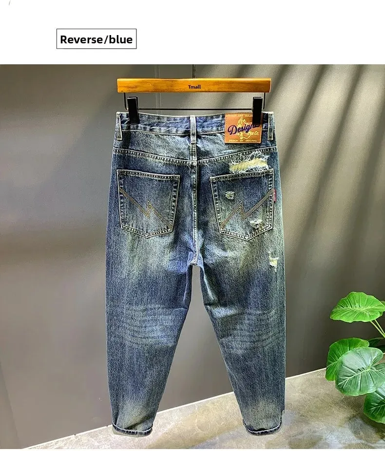 2025 Autumn/Winter New Men's Trendy Piercing Patch Jeans with Letter Printed Micro Loose Pants