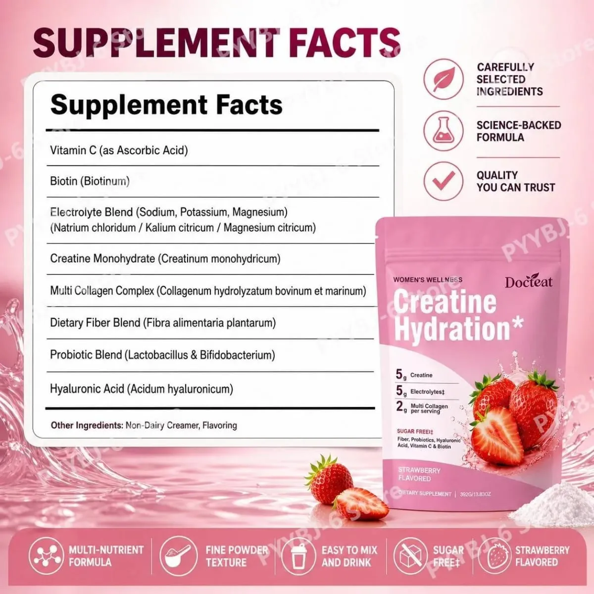 Docteat Creatine Powder Electrolytes Collagen Vitamin C Biotin Sugar Free Strawberry Flavor Women Fitness Wellness 30 Servings