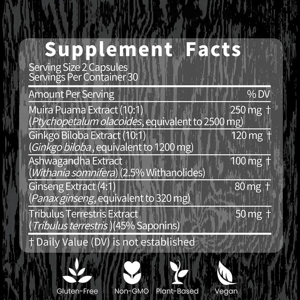 Potency Wood Herbal Supplements with Ginseng Ashwagandha 60 Capsules Adaptogen Energy Stamina Immune Antioxidants Gut Health