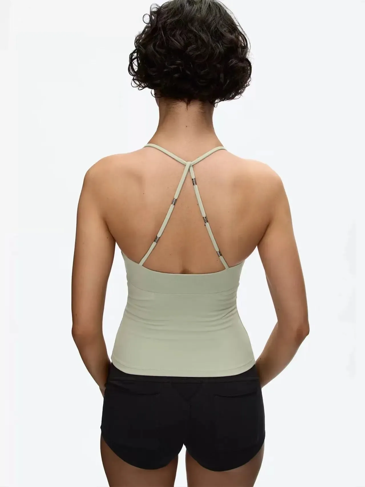 Tank Low-Cut Fitted Vest with Wrap-Around Shoulder Straps Embossed Beaded Stretch Knit Tank Top