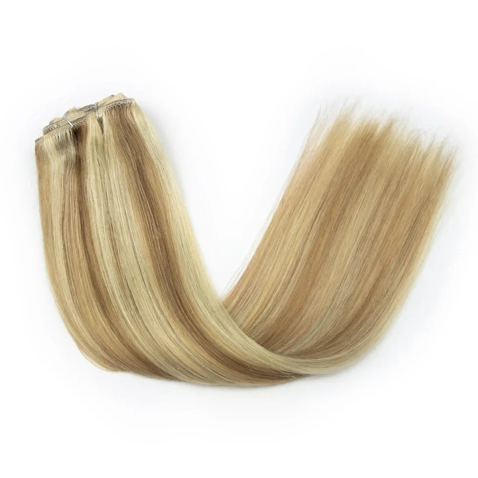 7PCS Light Blonde to Golden Ombre Clip in Remy Human Hair Extensions 16-22 Inch Natural Straight Balayage Highlighted Double Wef