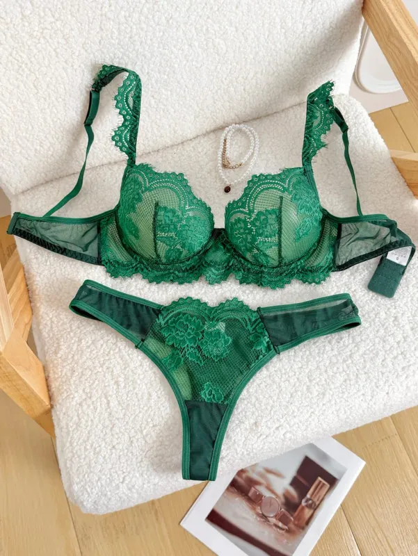 Sexy Vintage Green Eyelash Lace Lingerie Set Ladies Sheer Mesh Underwire Bra Thong Nightwear 2‑Piece S‑XL