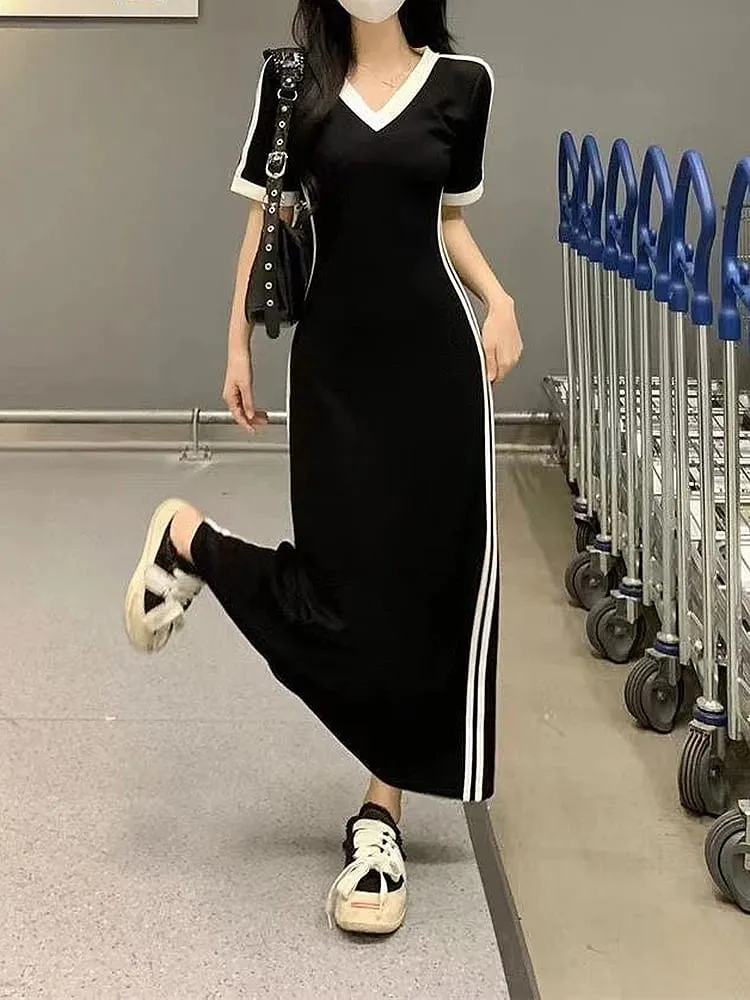 Women Autumn Midi Dress Fashion Patchwork V-Neck Short Sleeve Black Long Skirt High Waist A-Line Dress Sports Ankle-length Dress