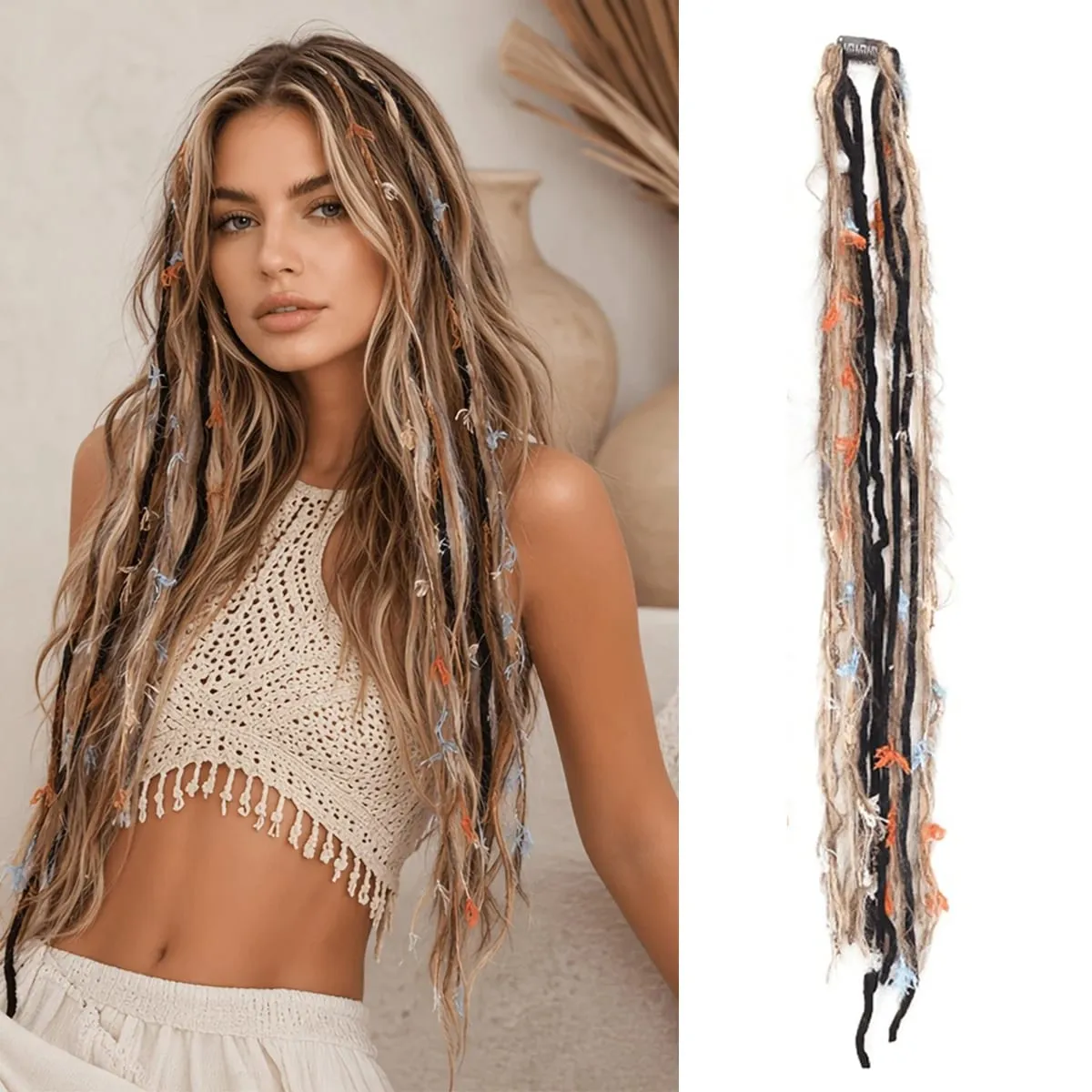 Clip In Dreadlock Hair Extensions Bohemian Frayed Wispy Thin Synthetic Boho Braids For Women Daily Rave Party Hairstyle