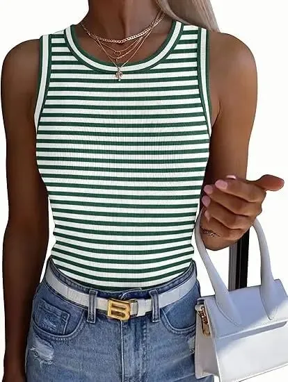 Women Striped Ribbed Tank Top 2026 Summer Casual Sleeveless Round Neck Slim Fit Vest Female Daily Streetwear Basic Undershirt