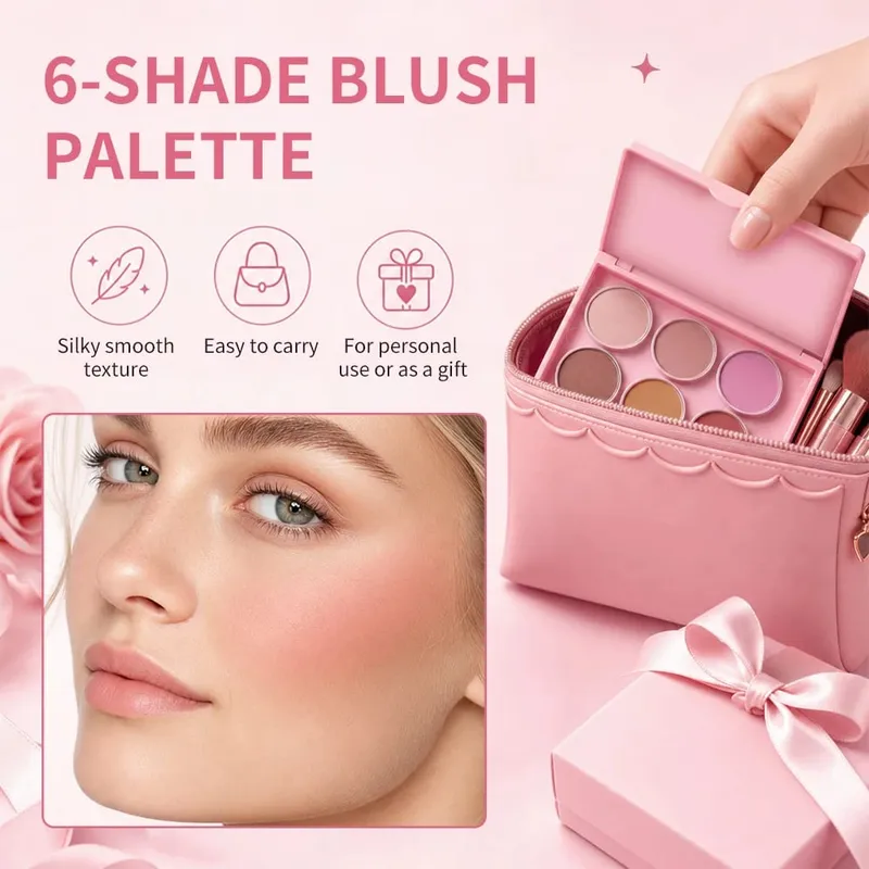 Sombra nude fosca brilhante e paleta de pó de blush em 6 tons, kit de maquiagem para olhos e rosto misturável de longa duração com pincéis aplicadores — image 5