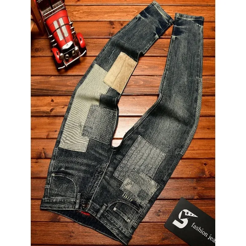 Retro and nostalgic patchwork design jeans for men trendy and fashionable street men's clothing slim fit small foot long pants