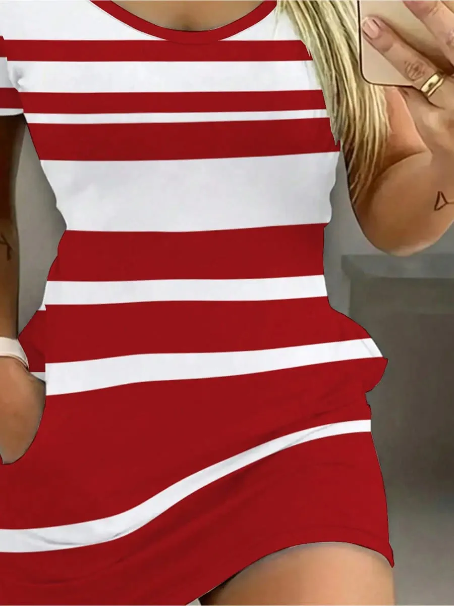 Elegant Casual round Neck Solid Color Striped Color Block Pocket Short Sleeve Mini Skirt Long Dress Comfortable