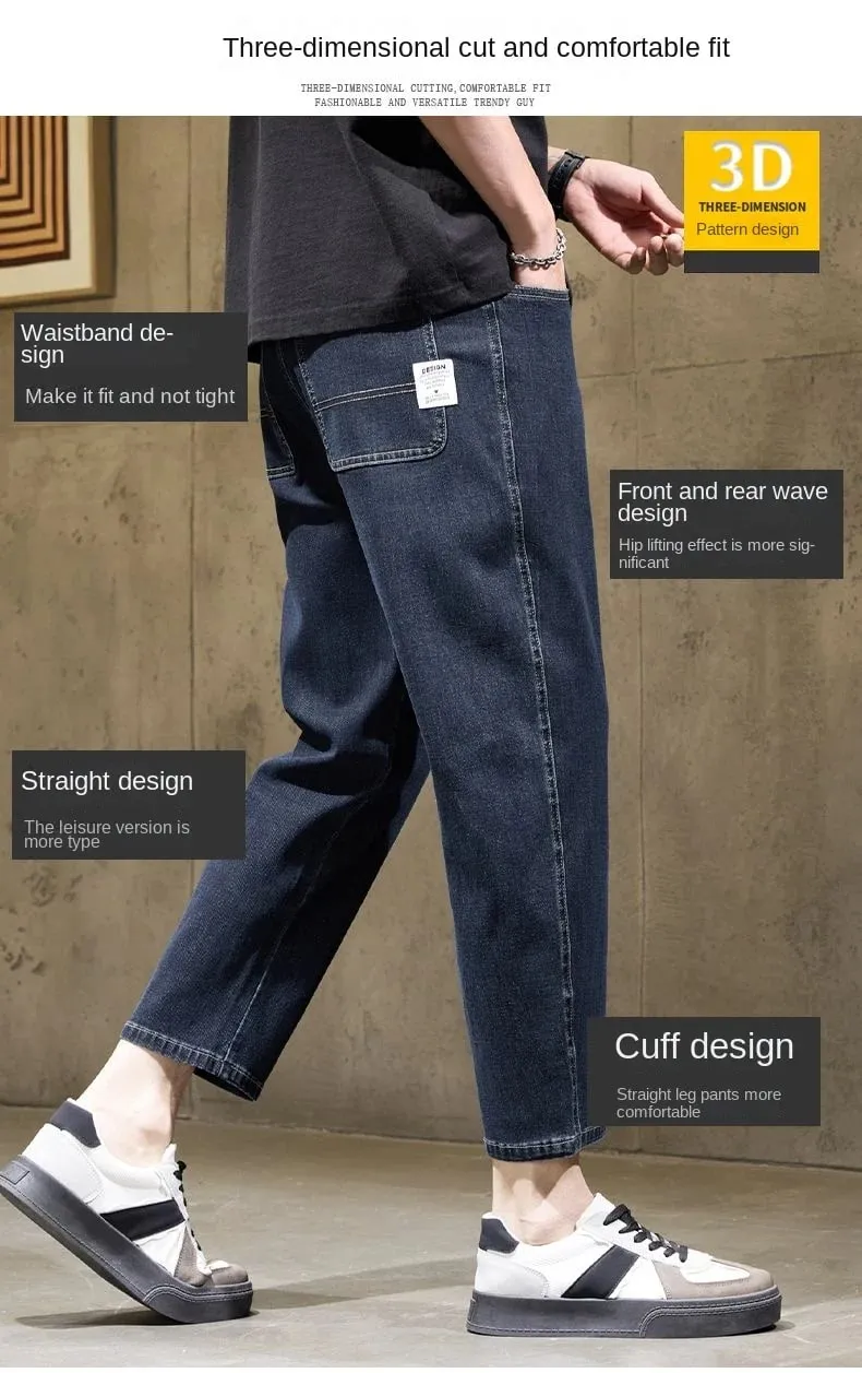 Men's Baggy Straight Leg Jeans Casual Stretch Denim 9-Length Comfortable Loose Trousers Spring Autumn Versatile Wide-Leg Pants