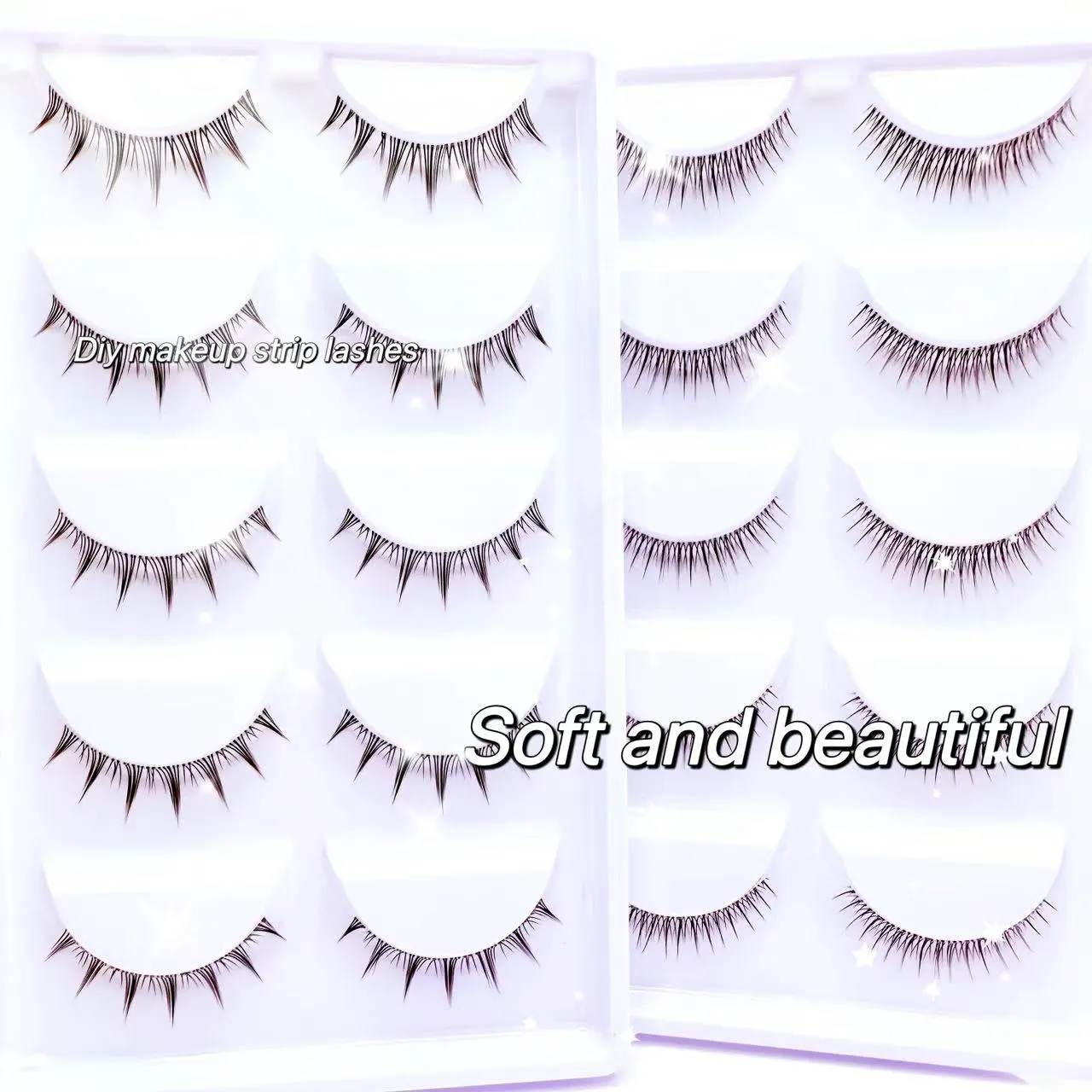 Amélioration des yeux doux et naturel 5 paires de faux cils tige transparente cils à bande naturelle douce