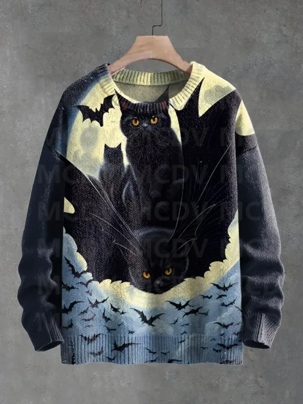 Corak Seni Burung Bunga Kucing Hitam yang comel Cetak Sweater Pullover Bersatu Kasual Sweater Klasik Pullover Lelaki Untuk Wanita