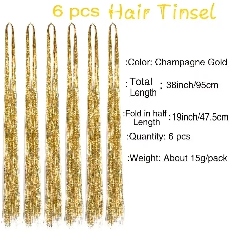 38Inch Tinsel Hair Extensions 6Pcs Sparkling Glitter Hair Synthetic Shiny Hair Accessories for Women Girls Party Cosplay