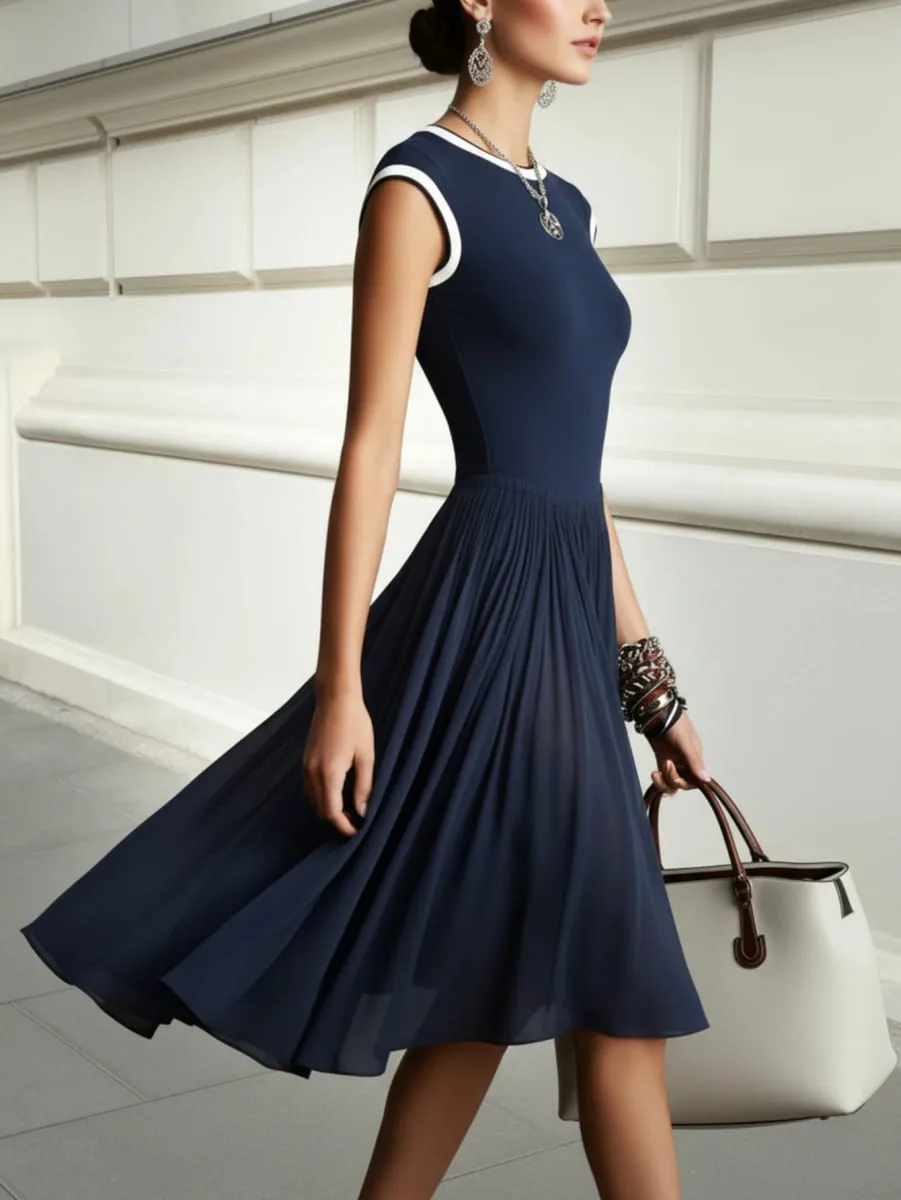 Women Contrast Trim Round Neck Cap Sleeve Fit And Flare Midi Dress Elegant Daily Commute Casual Swing Dress