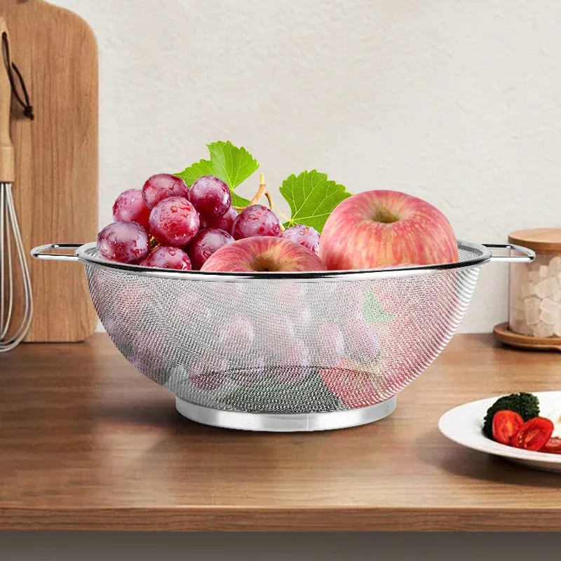 2db 21cm+ 24cm rozsdamentes acél leeresztő kosár konyhai kosár fogantyúval Zöldségmosó kosár Rizsszűrő Szűrő