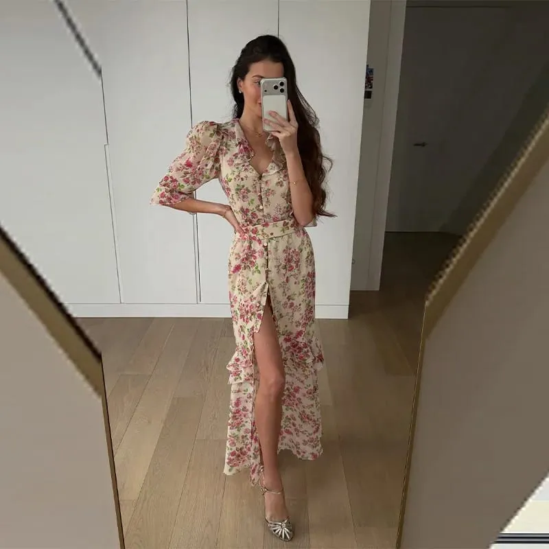 Women Floral Print Chiffon Maxi Dress Romantic Deep V-neck Flutter Sleeve High Low Lace Trim Dress 2026 Summer Elegant Lady Gown