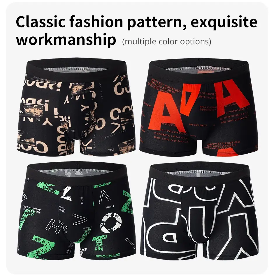 Sous-vêtements imprimés MODE HOMMES 4 pièces Boxers respirants à l'entrejambe pour adolescents Sous-vêtements confortables grande taille jusqu'à 6XL.