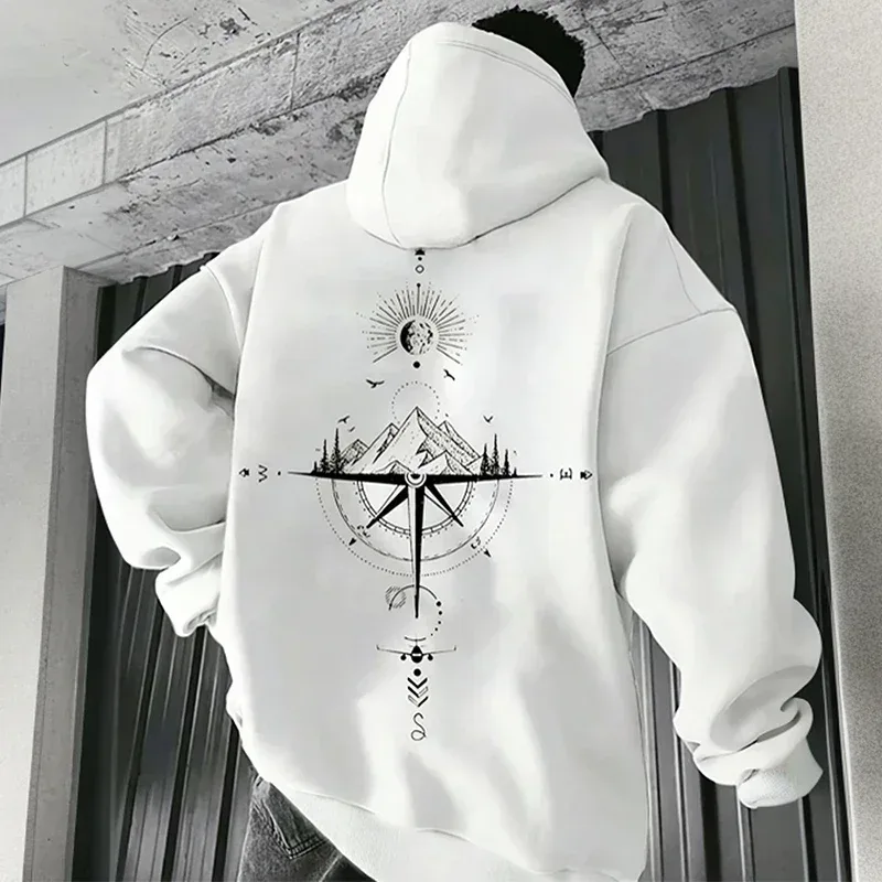 Vintage Compass Print Hoodies for Men High Quality Hooded Long Sleeve Pullover All Season Daily Casual Sports Tops Men's Clothes