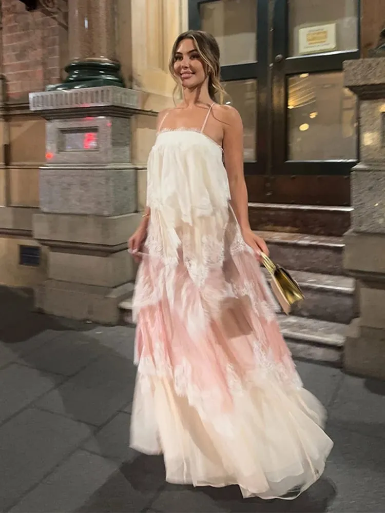 Chic Lace Patchwork Layered Sling Dress Women Sleeveless A-line Long Dresses Female Sweet Elegant Summer Party Lady Vestidos — image 1