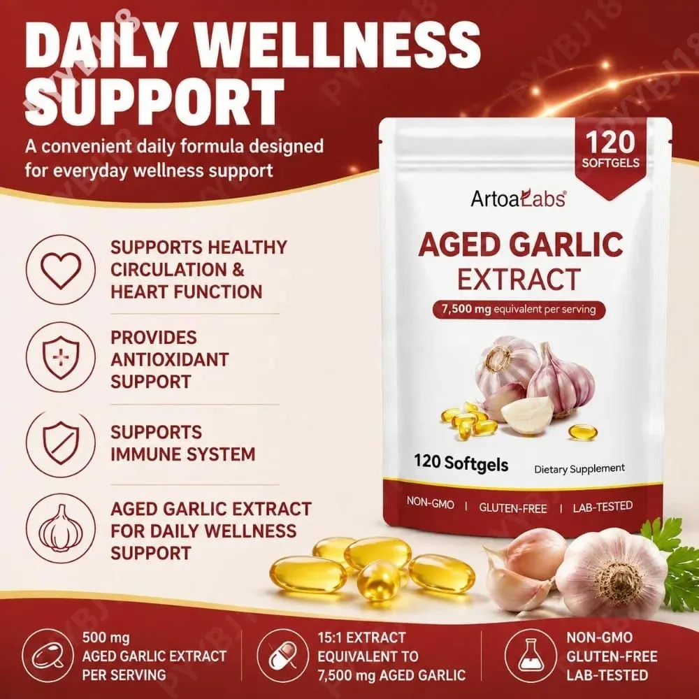 Aged Garlic Extract Softgels 7500 มก. เทียบเท่าต่อการไหลเวียนและการทำงานของหัวใจ สารต้านอนุมูลอิสระและภูมิคุ้มกัน 120Ct