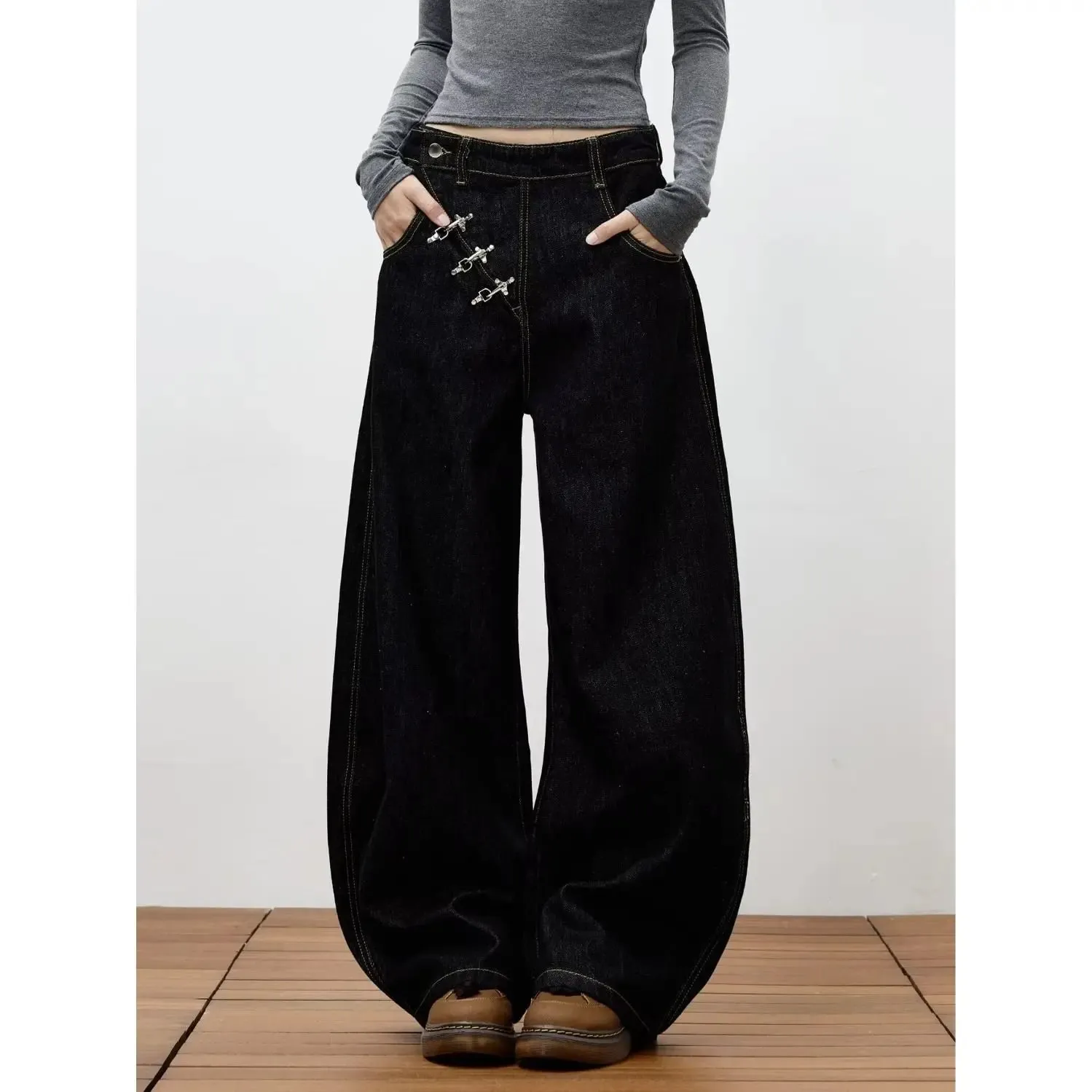 Retro Y2K button-fly loose jeans unisex trendy casual wide-leg jeans high-street loose pants American street style fashion