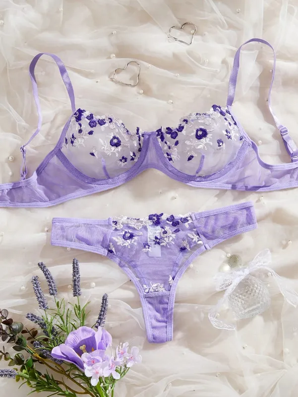 Fairy Yellow Lingerie Women Transparent Bralette 2 Piece Underwear Sets Floral Embroidery Bra Panty And Panty Set