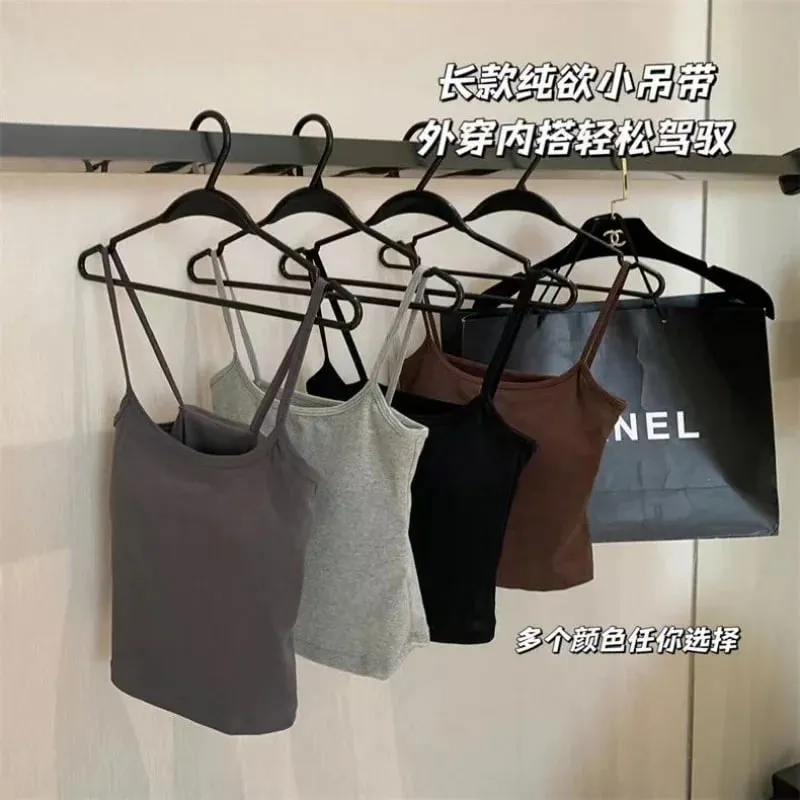 2PCS/SET Women's Basic Cotton Camisole madam Solid Color Spaghetti Straps Sleeveless Slim Vests Breathable Short Sleeveless Tops