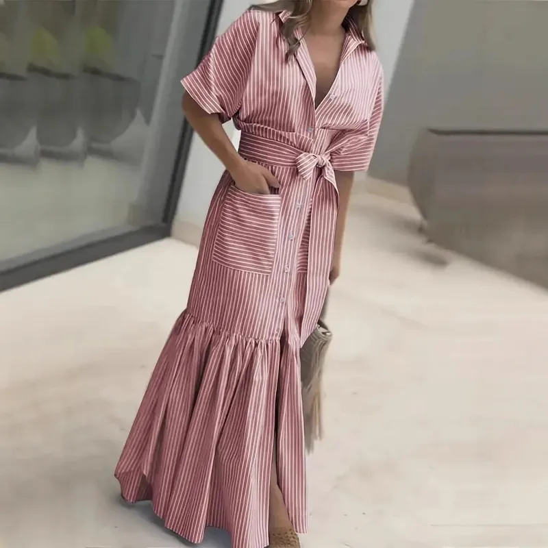 Striped Short Sleeved Loose Mid Length Lace Up Waist Dress With Single Breasted Pocket Shirt Dresses For Women Ropa Mujer