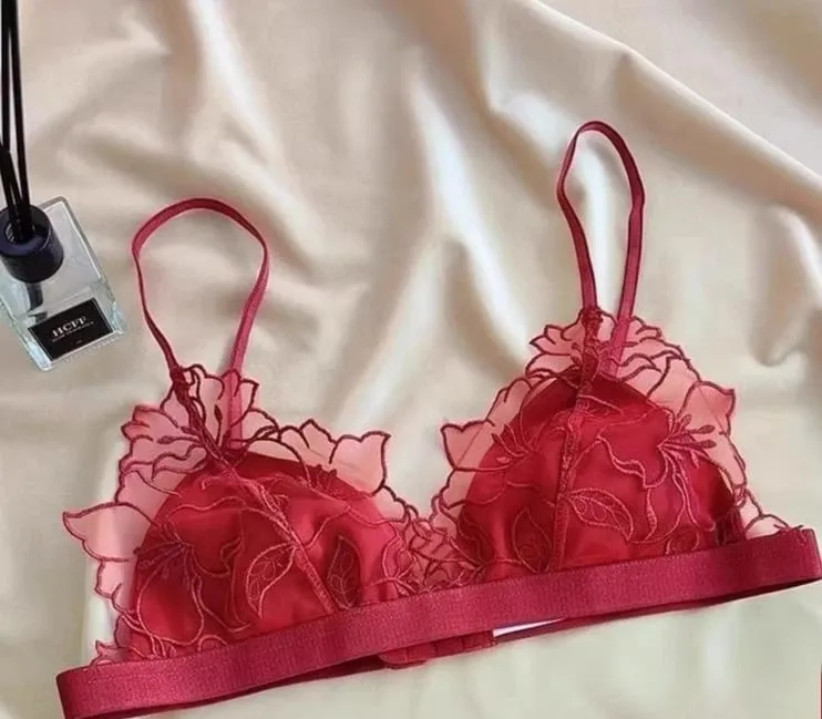 Women's French Embroidered Lace Bralette Set Ultra Thin Sexy Triangle Non Padded Wirefree Bra Small Chest Elegant Straps S-XL