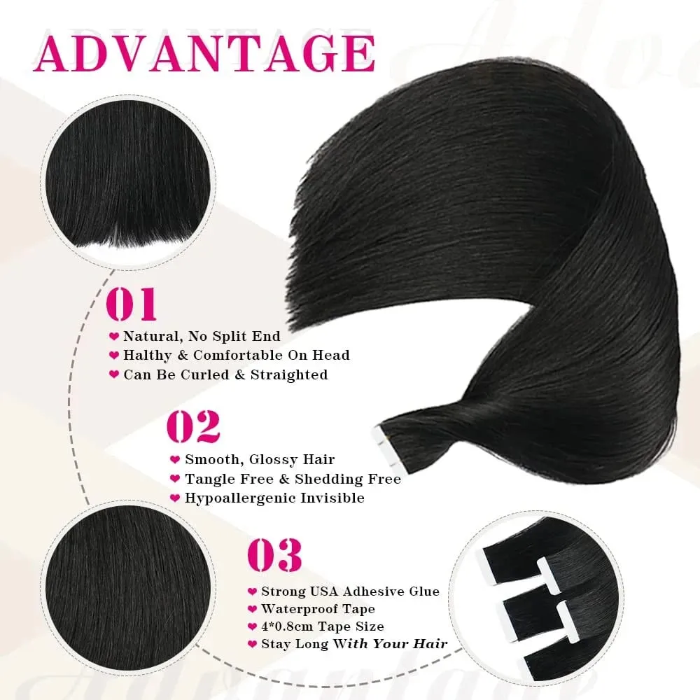 Tape In Hair Extensions Human Hair Natural Black Real Human Hair 20Pcs 50G/Pack Straight Seamless Skin Weft Tape Hair Extensions — image 3