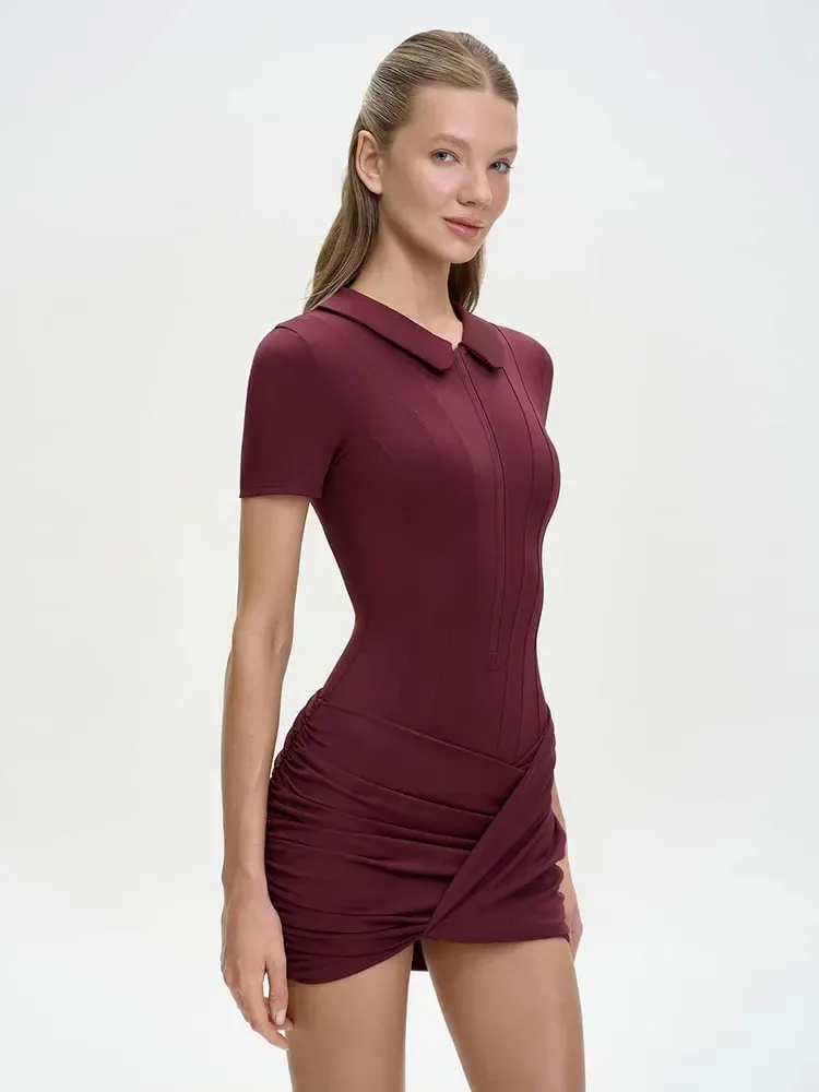 Short Sleeve Zipper Sports Bodysuit Women Rompers Summer Casual Draped Ruched Slim Fit Fitness Bodysuits Female