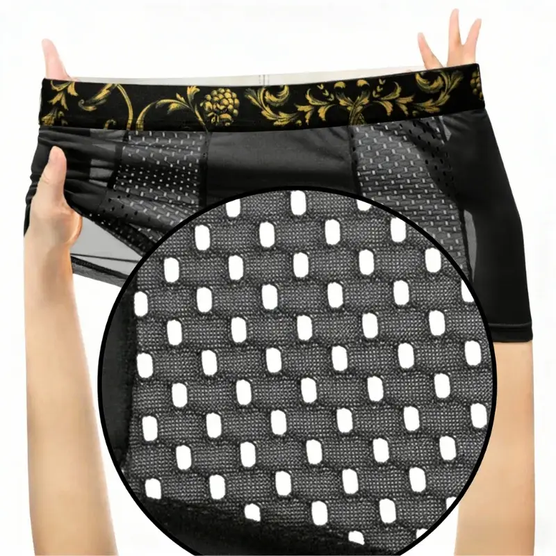 Men's Ice Silk BoxerBriefs Gold Floral Waistband Breathable Underwear Quick-Dry Skin-Friendly Sports Trunks Plus Size for Summer