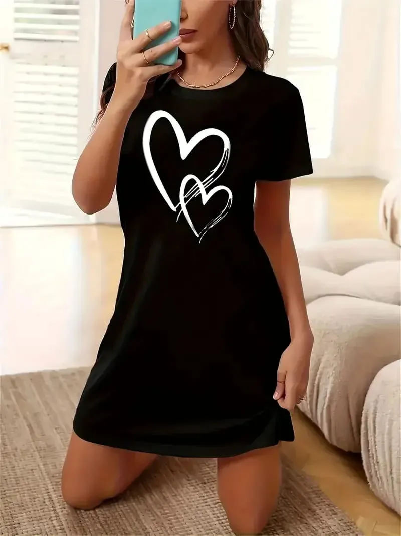 Women's Fashionable Love-Print Short-Sleeved Round-Neck Elegant Dress