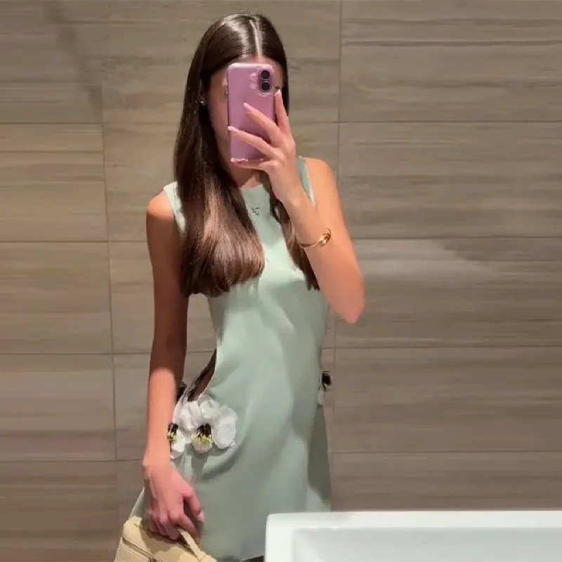 Women's Elegant 3d Flower Sleeveless Mini Dress Lady Light Green Vacation Party Dresses Stylish Female New Trend Summer Clothes