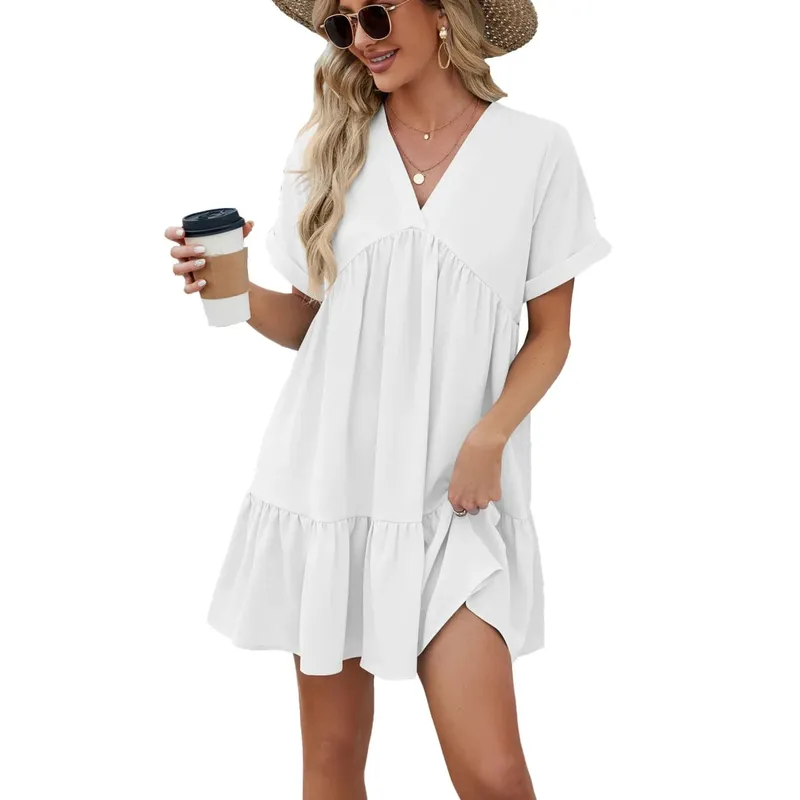 Summer White Dress V Neck Short Sleeve Loose Fit Dresses Pleated Midi A Line Pastel Pink Women's Casual Summer Woman Clothing