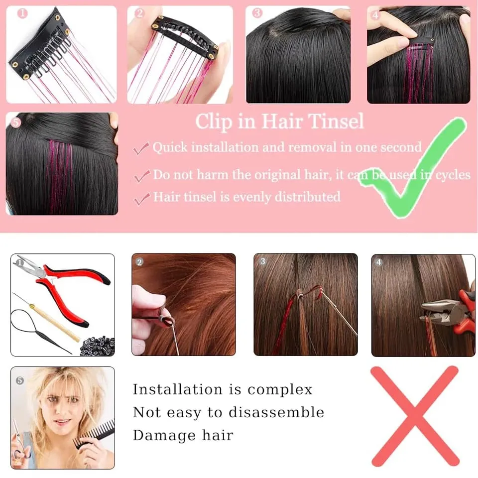Synthetic 12Pcs Hair Tinsel Clip In Glitter TinselStraight Hair Extensions Tinsel Kit Shiny Hair Accessories For Women
