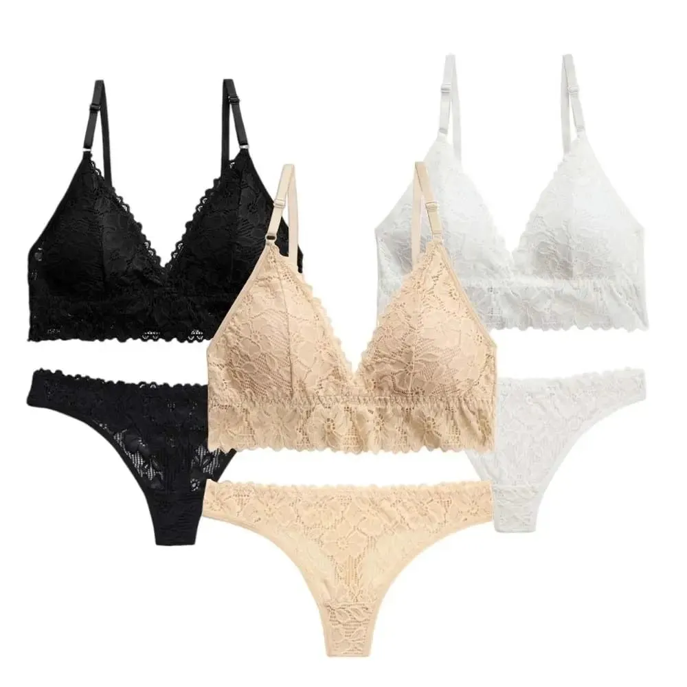 Sweet V Neck Lace Flower Bra Set Thong Solid Color Floral Panties Bra Kit Low Waist Lingerie Lace Underwear Women