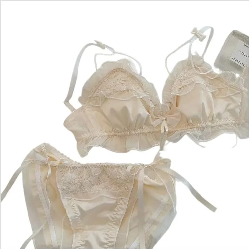 Sexy Lace Bra Thin Breathable Small Breasts Gathered Anti-Sagging Comfortable Non-steel Ring Bow Tie Girls Underwear Set — image 4