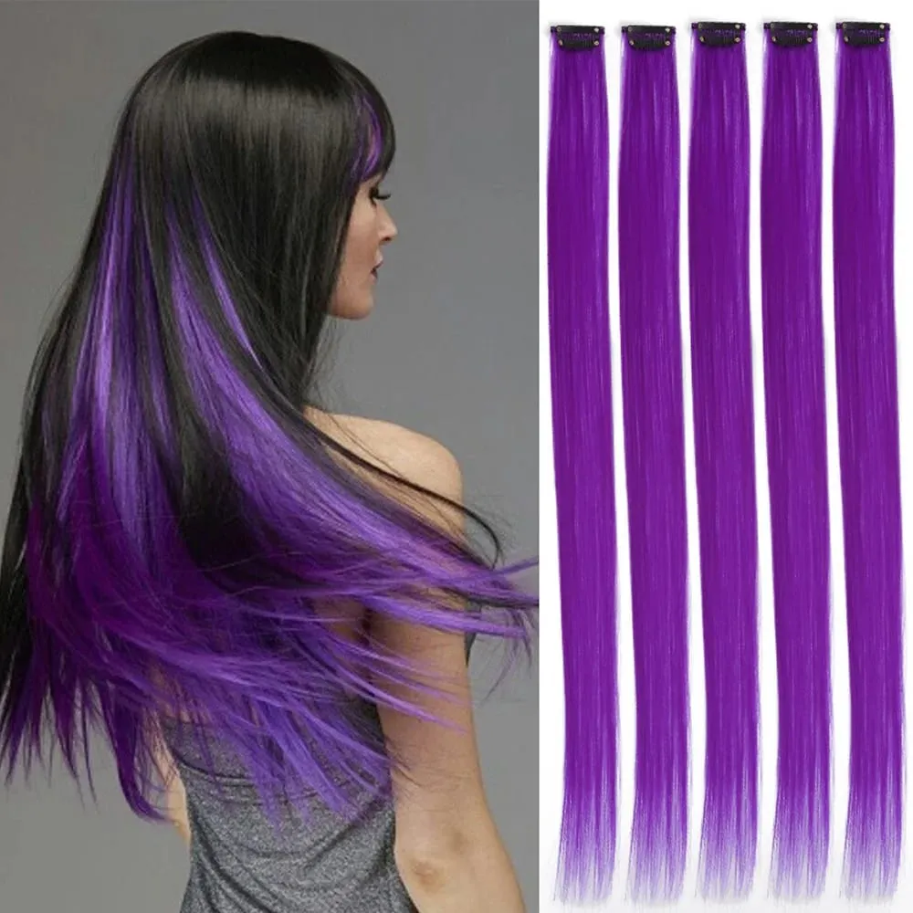 Synthetic Colorful 5pcs/set Clip Hair Extensions High Temperature Long Straight Hairpieces for Women Daily Party Use